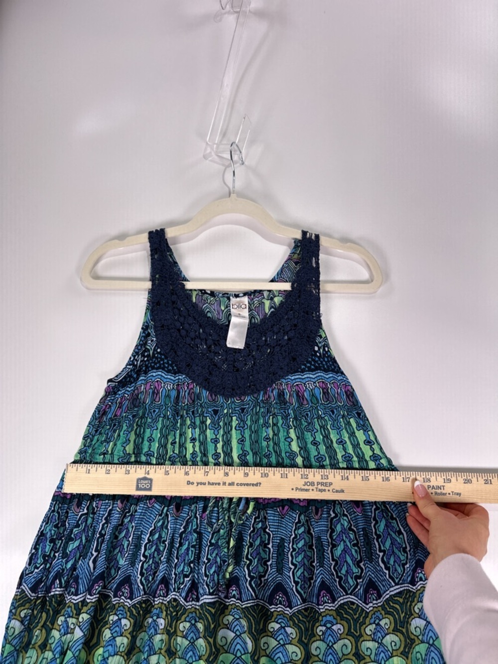 Bila Maxi Dress Crochet Neck Tiered Geometric Boho Blue Green Size S - Picture 10 of 11